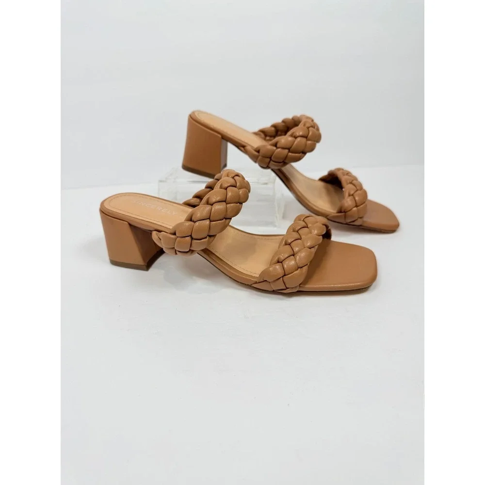 Sincerely Jules Onyx Tan Braided Double Strap Block Heel Slide Sandals Size‎ 9M